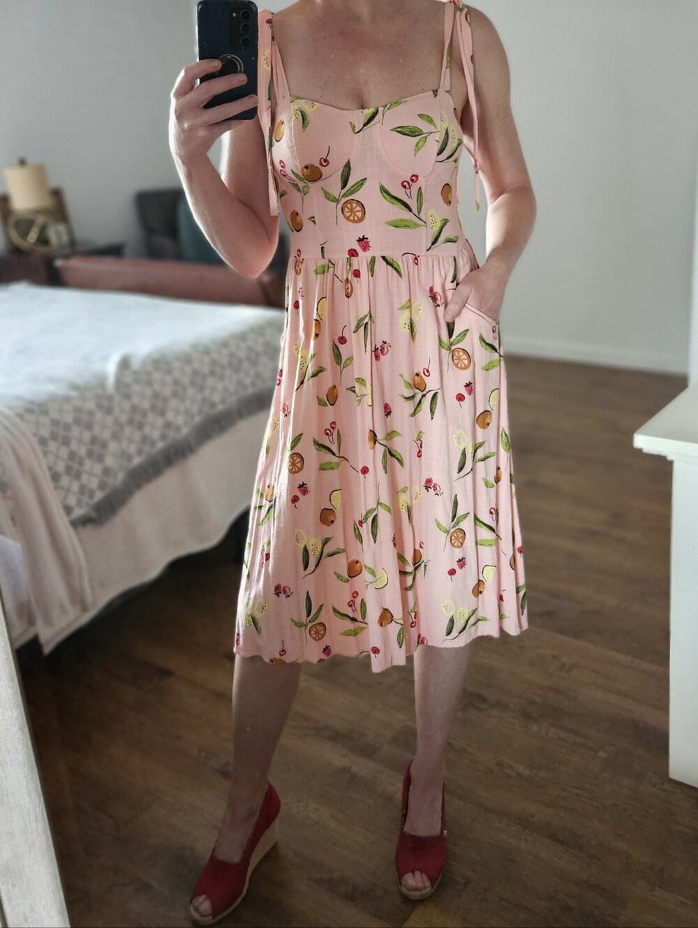 Pink Fruit-Print Midi Sundress with Tie Straps, Size Small